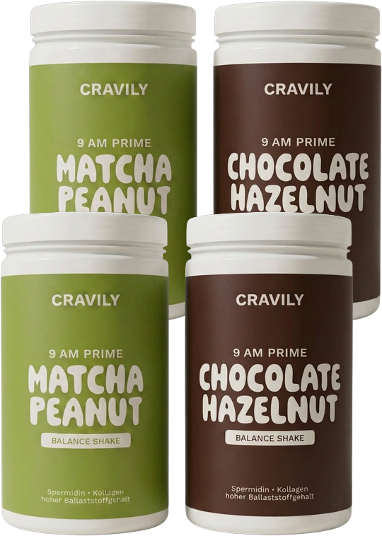 4 Dosen CRAVILY: 2× Matcha Peanut, 2× Chocolate Hazelnut