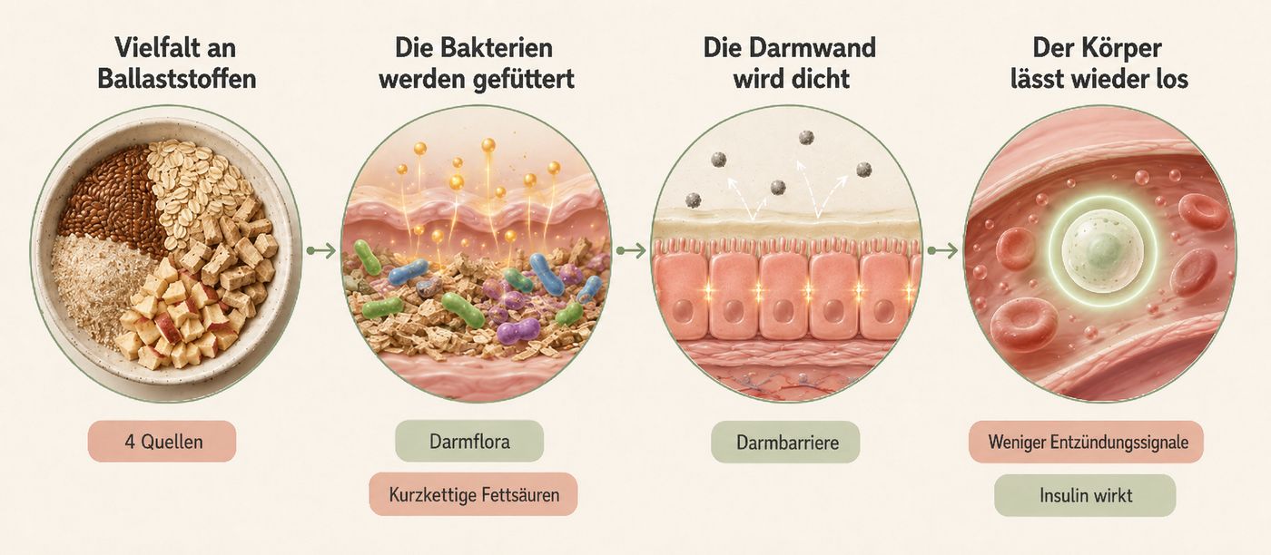 Ablauf: Ballaststoffvielfalt füttert die Darmflora, die Darmwand wird dicht, der Körper lässt wieder los