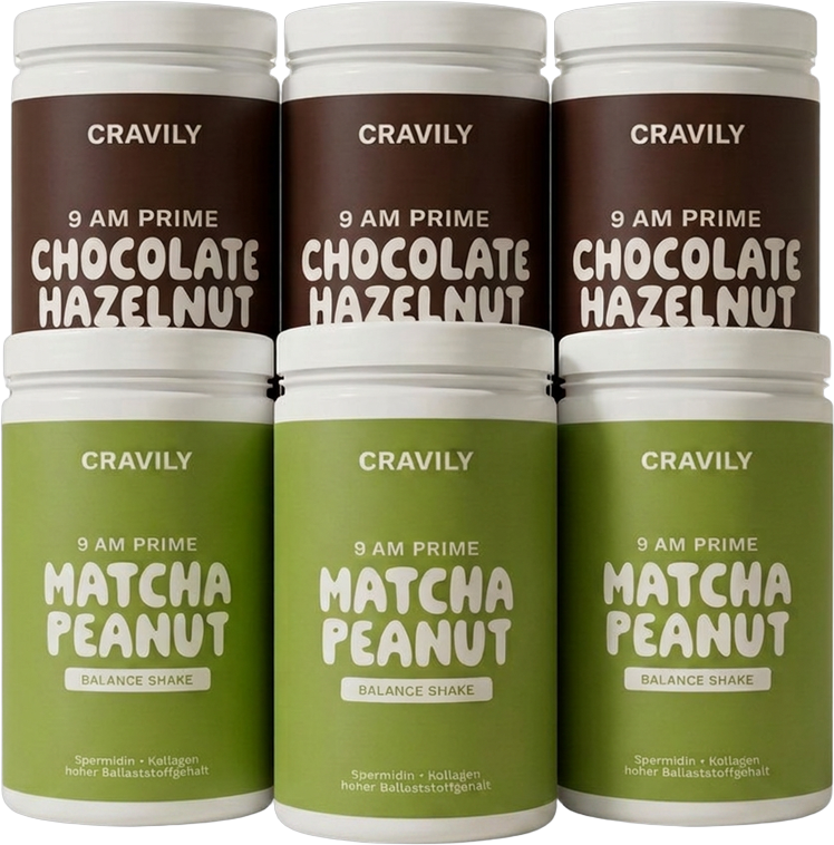6 Dosen CRAVILY: 3× Matcha Peanut, 3× Chocolate Hazelnut